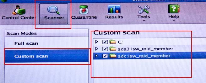 У вікні Control Center переходимо на вкладку Scanner, вибираємо пункт Custom Scan, відзначаємо галочками всі диски і запускаємо сканування