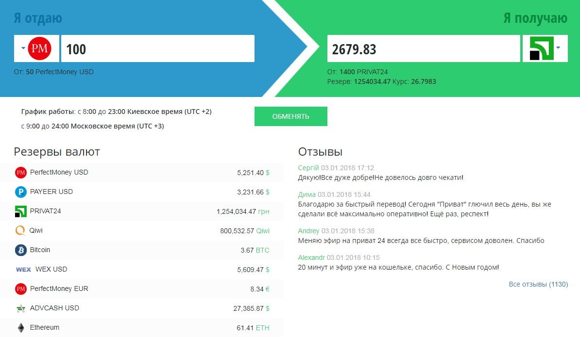 наявність простого і інтуїтивно зрозумілого інтерфейсу;   9 способів виведення токенов BTC;   наявність на головній сторінці інформації про резервах кожної валюти;   вказано графік роботи обмінника;   наявність інформації про курс;   час, що витрачається на обробку заявки клієнта, займає близько 8-ми хвилин