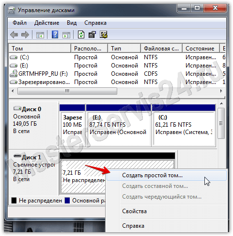 Во прозорецот Управување со дискови што ќе се отвори, пронајдете го отстранливиот диск, кликнете со десното копче на колоната со јачината на звукот и изберете Форматирај или, како што е случај во мојот случај кога форматирањето не е достапно, Креирај едноставен волумен
