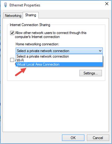 Позначте прапорцем пункт «Allow other network users to connect through this computer 's Internet connection» (Дозволити іншим користувачам мережі використовувати підключення до Інтернету даного комп'ютера), а в випадаючому списку виберіть ім'я віртуального адаптера, який ми створили раніше