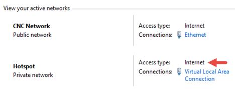 У вікні центру управління мережами у мережі Hotspot зміниться тип на Internet, що означить, що ця мережа (і всі підключені до неї пристрої) тепер мають доступ в Інтернет