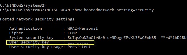 Netsh wlan show hostednetwork setting = security