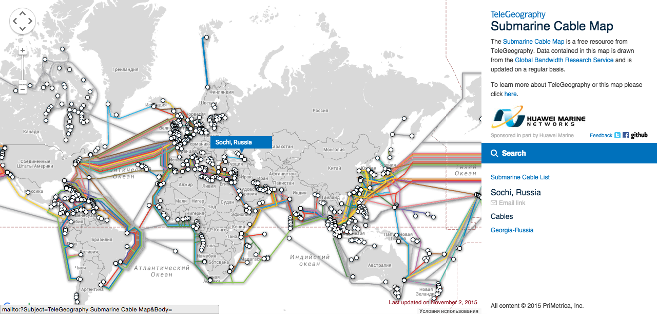 На схемі ви можете подивитися, які кабелі забезпечують зв'язком певну країну, або дізнатися, в якому році кабеля був підключений до Мережі