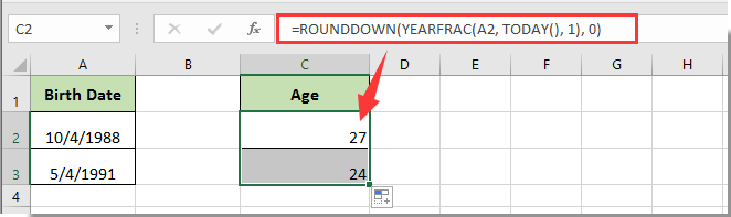 Ще одна функція перетворення дати народження в вік = ROUNDDOWN (YEARFRAC (A2, TODAY (), 1), 0), який буде визначати стандартний вік, такий як 27