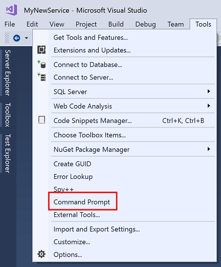 The new menu item is added, and you can access the command prompt from the Tools menu