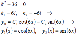 Для початку визначимо y0, для чого записуємо і вирішуємо характеристичне рівняння необхідного   ЛОДР   :