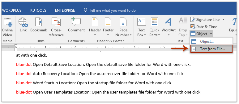 3, Відкрийте цільової документ, на який ви будете переміщати / копіювати сторінки, помістіть курсор, де ви помістіть скопійовані сторінки, і натисніть Вставити> об'єкт> Текст з файлу, Дивіться скріншот:
