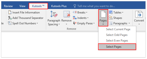 1, Відкрийте вихідний документ, з якого ви скопіюєте незв'язані сторінки, і натисніть Kutools> Сторінки> Виберіть сторінки, Дивіться скріншот: